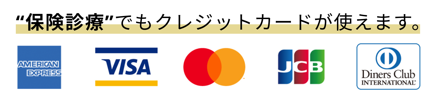 ”保険診療・自由診療共にクレジットカード（VISA/Master/JCB/AMERICANEXPRESS/DinersClub）でお支払いできます。”